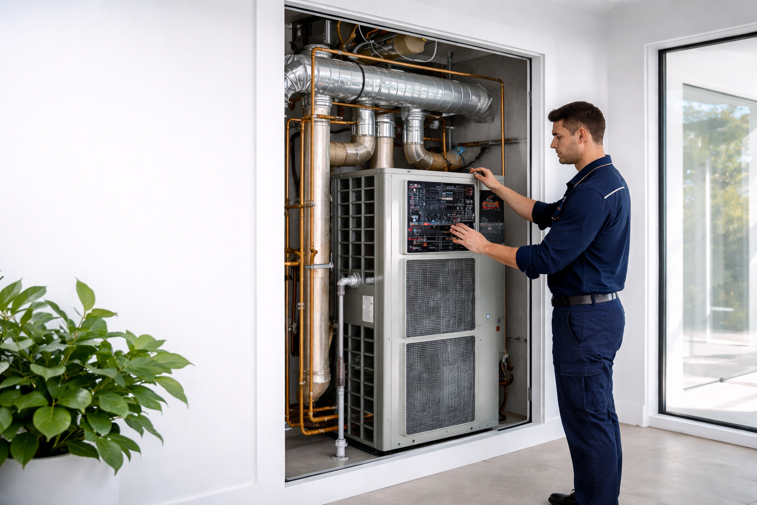 HVAC technician installing a high-efficiency furnace