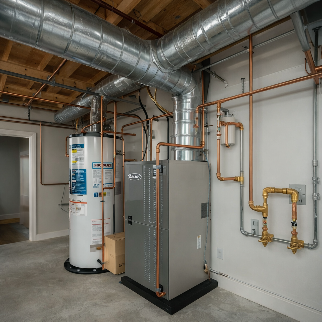 Clean installation with organized ductwork and copper lines